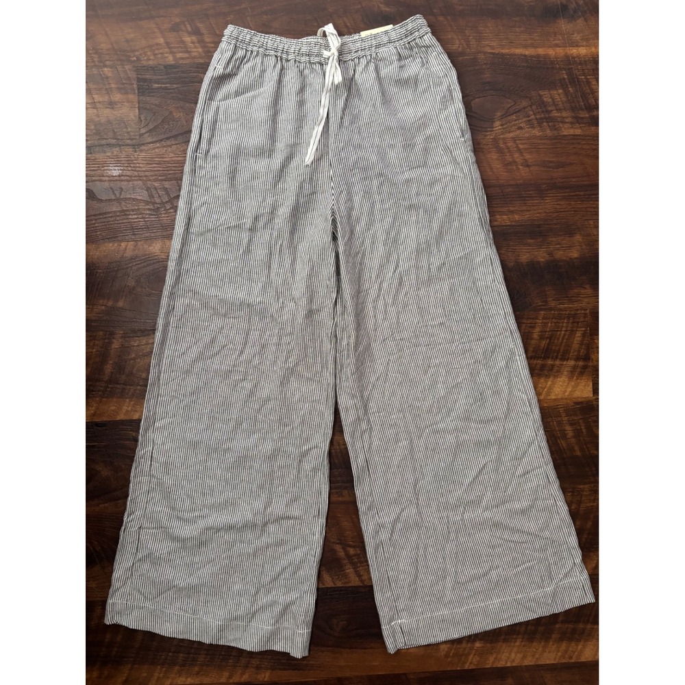 Max Studio Wide Leg Trousers Women M Black White Striped NWT Linen Blend